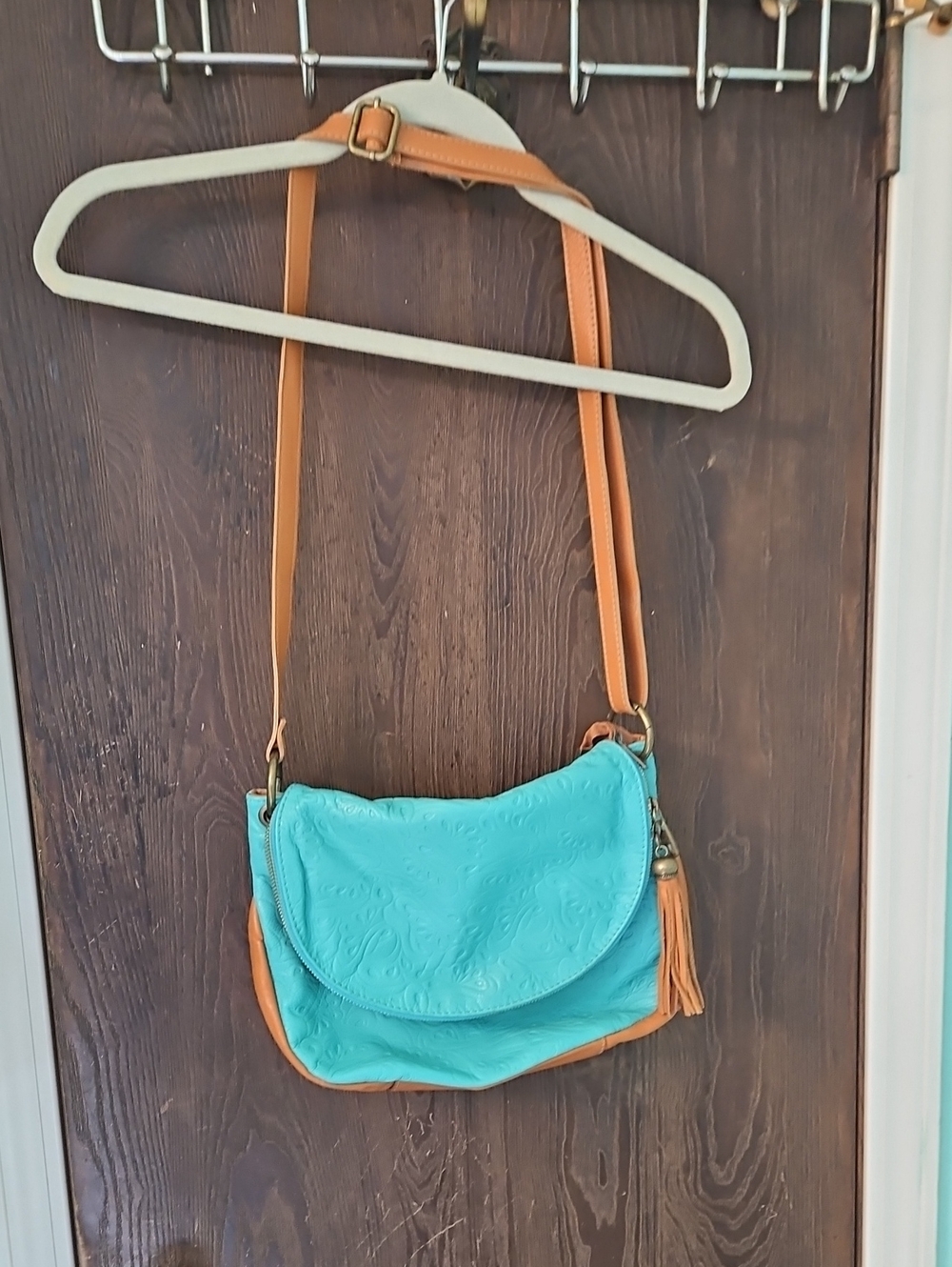 Zagara Leather Tooled Turquoise and Tan Crossbody Bag - Women's Shoulder Purse